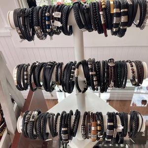 Metal Woven Leather Rope Wrap Men Stainless Steel Bracelet